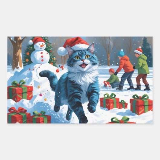Oosters Blauwe Kat Zittend In Sneeuwkerst Pet Rechthoekige Sticker (Voorkant)