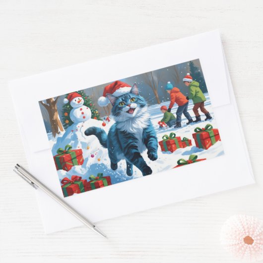 Oosters Blauwe Kat Zittend In Sneeuwkerst Pet Rechthoekige Sticker (Envelop)