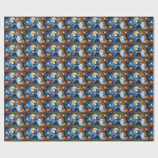 Oosters Blauwe Katten Pompoen Halloween Grappig Cadeaupapier (Vlak)