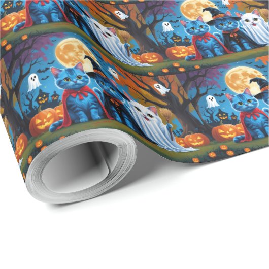 Oosters Blauwe Katten Pompoen Halloween Grappig Cadeaupapier (Rol Hoek)