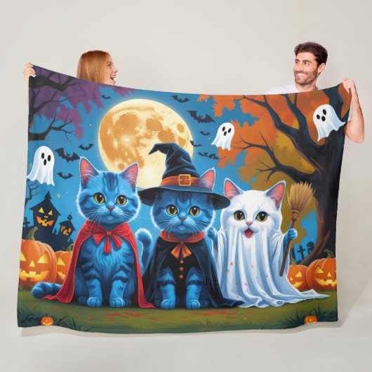 Oosters Blauwe Katten Pompoen Halloween Grappig Fleece Deken (In situ)