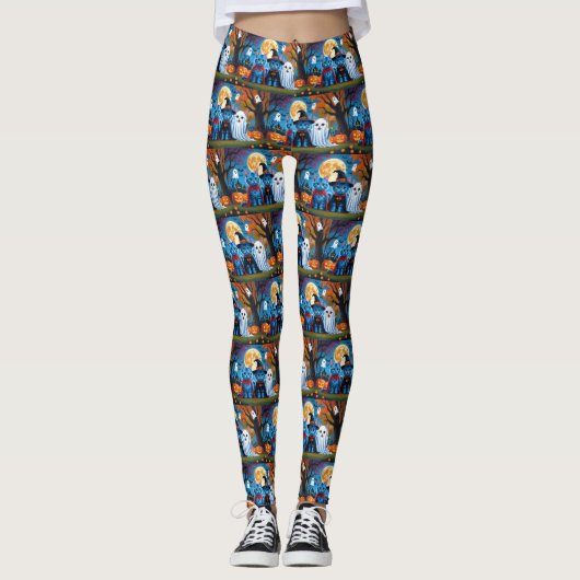 Oosters Blauwe Katten Pompoen Halloween Grappig Leggings (Voorkant)