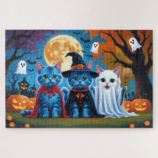 Oosters Blauwe Katten Pompoen Halloween Grappig Legpuzzel (Horizontaal)