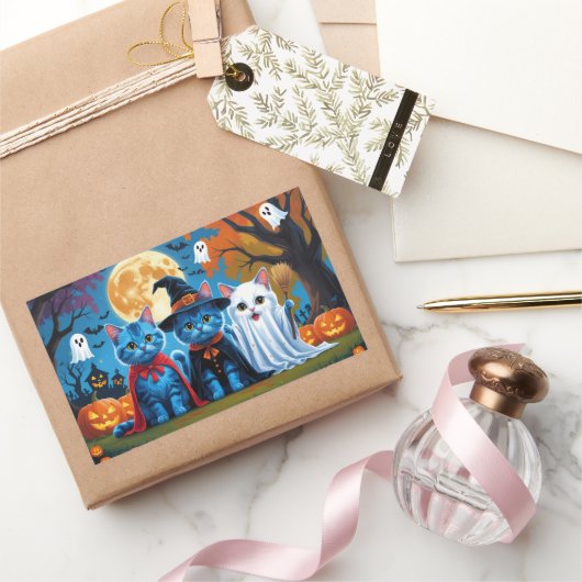 Oosters Blauwe Katten Pompoen Halloween Grappig Rechthoekige Sticker (Geschenken)