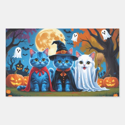 Oosters Blauwe Katten Pompoen Halloween Grappig Rechthoekige Sticker (Voorkant)