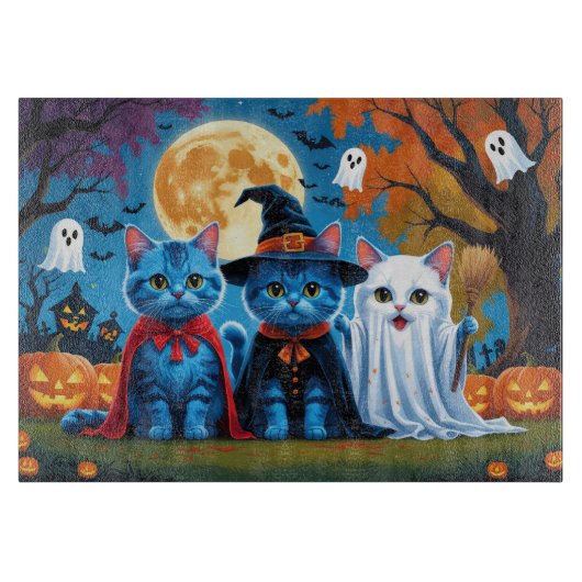 Oosters Blauwe Katten Pompoen Halloween Grappig Snijplank (Voorkant)
