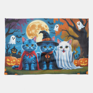 Oosters Blauwe Katten Pompoen Halloween Grappig Theedoek
