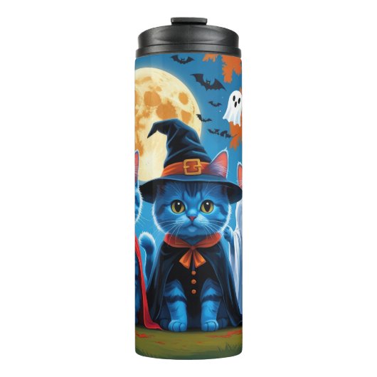 Oosters Blauwe Katten Pompoen Halloween Grappig Thermosbeker (Voorkant)
