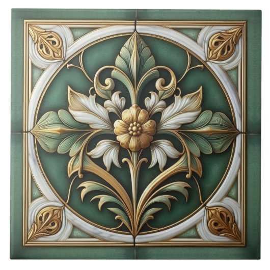 Oosters Bloemen Ornamenten Tegel - Groen en Goud Tegeltje (Voorkant)