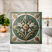 Oosters Bloemen Ornamenten Tegel - Groen en Goud Tegeltje
