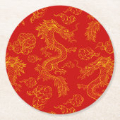 Oosters Draak Patroon Goud en Rood Ronde Kartonnen Onderzetter (Voorkant)