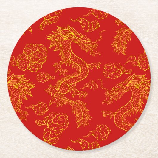 Oosters drakonpatroon goud en rood ronde kartonnen onderzetter (Voorkant)