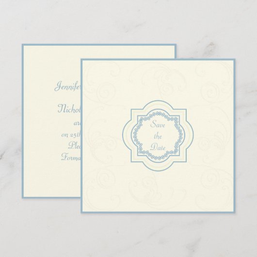 Oosters geïnspireerde Save the Date in Blauw & Ivo Kaart (Voorkant / Achterkant)
