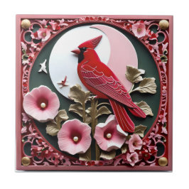 Oosters gesneden paneel: kardinaal en Hollyhocks Tegeltje