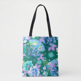 Oosters hand fan japans bloemenblauw groen roze tote bag