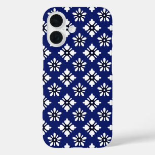 Oosters Indigo Wit Katazome Bloemen Patroon iPhone 16 Hoesje