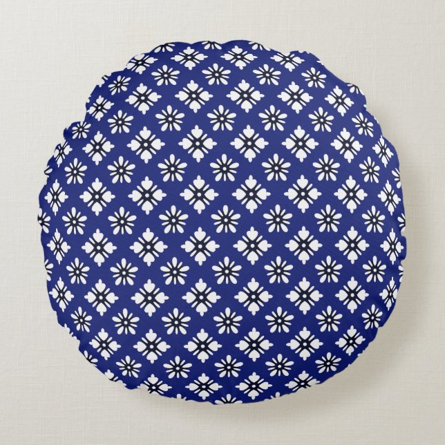 Oosters Indigo Wit Katazome Bloemen Patroon Rond Kussen (Voorkant)
