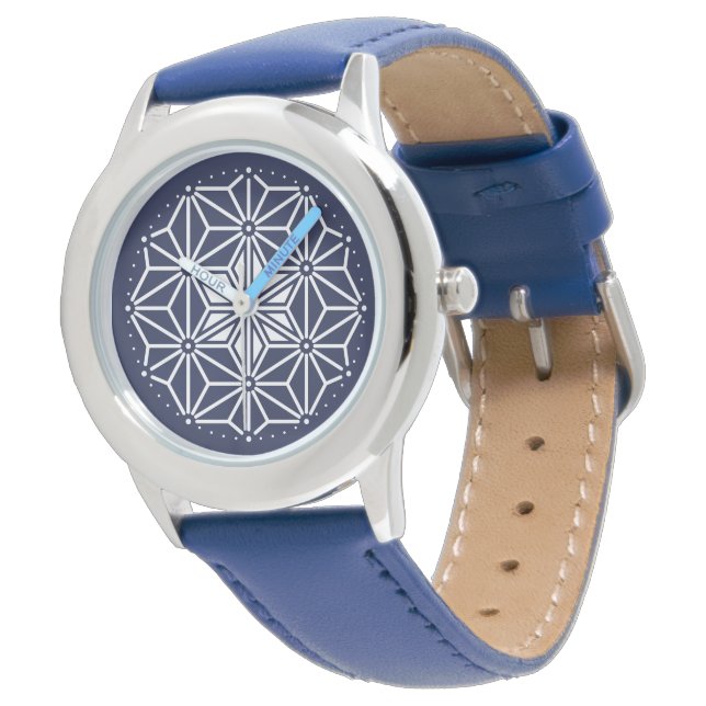 Oosters Marine Blauw Wit Asanoha Japan Patroon Horloge (Gekanteld)