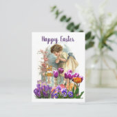 Oosters Pasen Meisje met Tulp Bloemen  Feestdagenkaart (Staand voorkant)