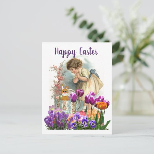 Oosters Pasen Meisje met Tulp Bloemen  Feestdagenkaart (Staand voorkant)