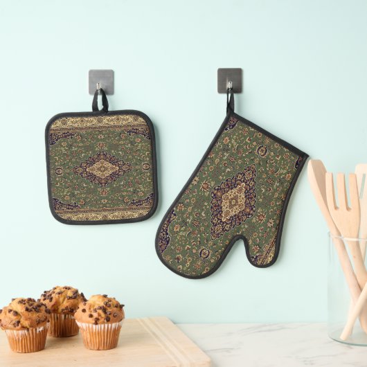 Oosters Perzisch Groen Turks tapijt Ovenwant & Pannenlap Set (Insitu(Ophanging))