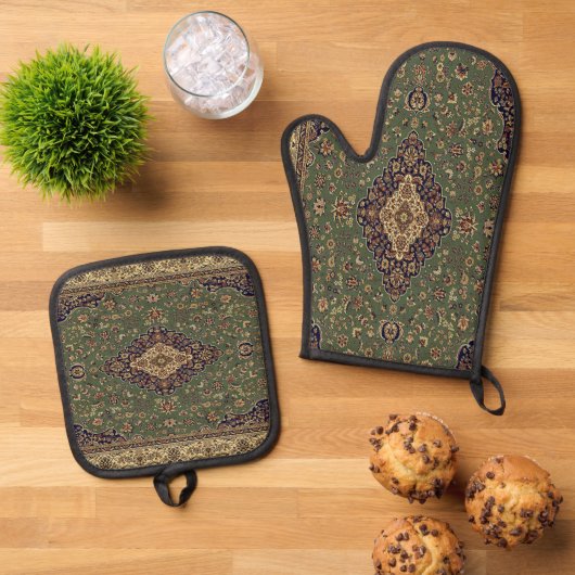 Oosters Perzisch Groen Turks tapijt Ovenwant & Pannenlap Set (Top down)
