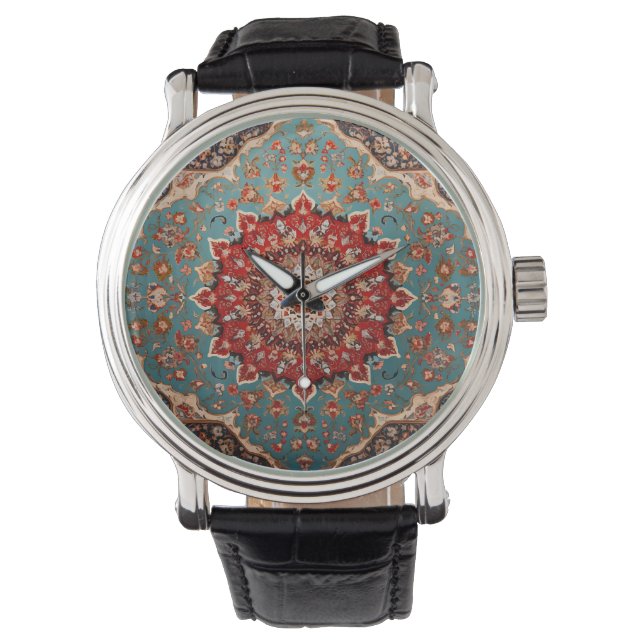 Oosters Perzisch Patroon Rood Cream Blauw Horloge (Voorkant)