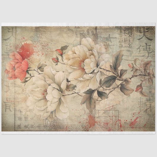 Oosters Pioen Bloemen, Chinoiserie Art Tissuepapier (Voorkant)