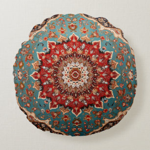 Oosters Retro Perzisch Patroon Rood Crème Blauw Rond Kussen
