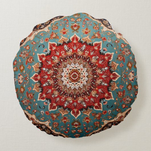 Oosters Retro Perzisch Patroon Rood Crème Blauw Rond Kussen (Achterkant)