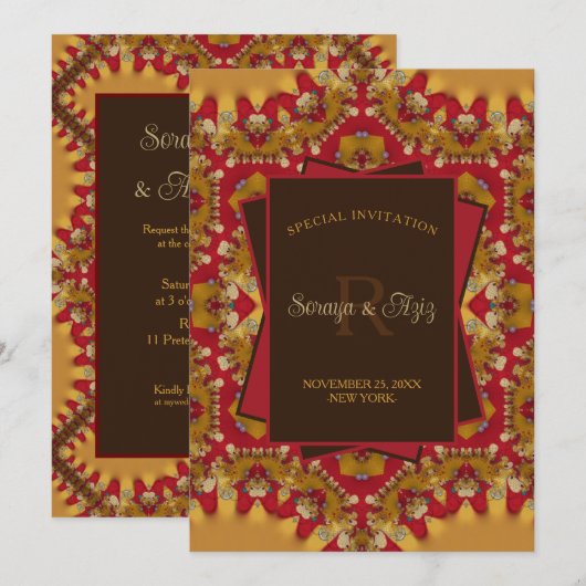 Oosters Rood Goud Satijnen Kant Monogram Speciale Kaart (Voorkant / Achterkant)