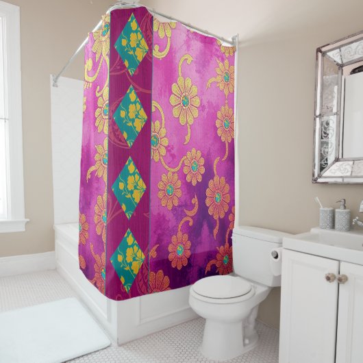 Oosters Roze Turquoise Bloemen - Douchegordijn (In situ)