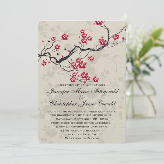 Oosters Stijl Sakura Kersenbloesem Kunst Bruiloft Kaart (Staand voorkant)