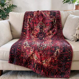 Oosters tapijtontwerp in levendig rood fleece deken