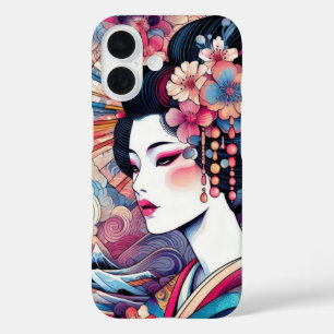 Oosterse abstracte Geisha roze bloemengolven iPhone 16 Hoesje