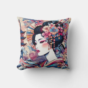 Oosterse abstracte Geisha roze bloemengolven Kussen