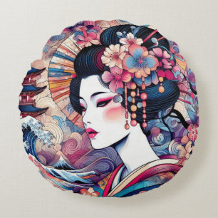 Oosterse abstracte Geisha roze bloemengolven Rond Kussen