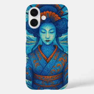 Oosterse abstracte schoonheid Geisha Maiko blauwe  iPhone 16 Hoesje