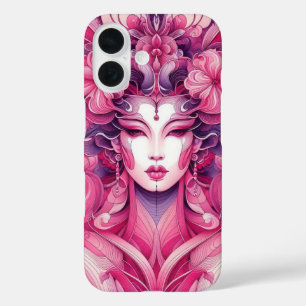 Oosterse abstracte symmetrische Geisha roze bloeme iPhone 16 Hoesje