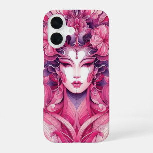 Oosterse abstracte symmetrische Geisha roze bloeme iPhone 16 Hoesje