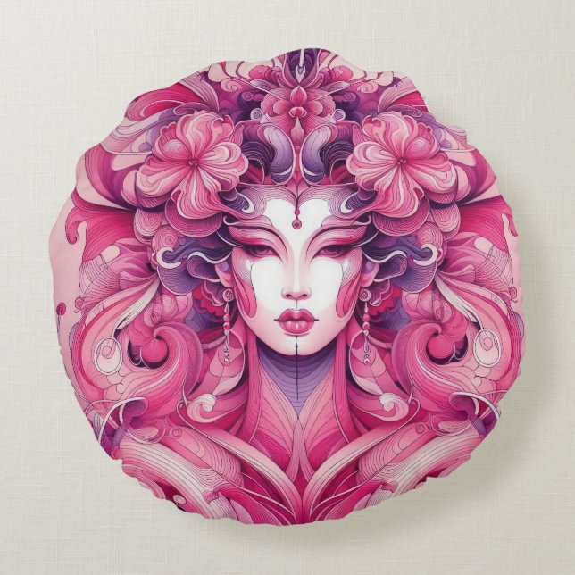 Oosterse abstracte symmetrische Geisha roze bloeme Rond Kussen (Achterkant)