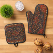 oosterse Antiek Perzische tapijtschelp Ovenwant & Pannenlap Set (Top down)