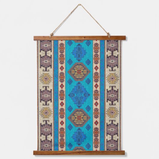 Oosterse Aqua Blauwe Gouden Turkse Kilim Muur Deco Hangend Wandkleed (Voorkant)