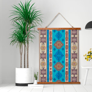 Oosterse Aqua Blauwe Gouden Turkse Kilim Muur Hangend Wandkleed