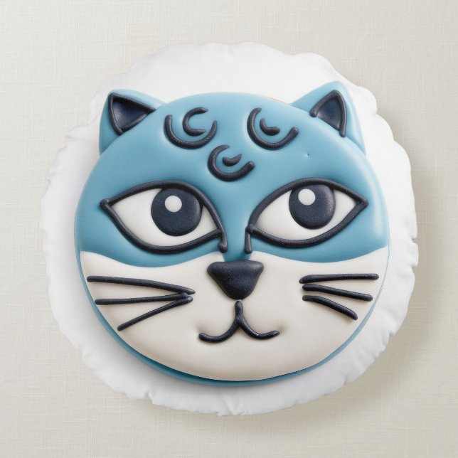 Oosterse Blauwe Kat 3D Geïnspireerd Rond Kussen (Voorkant)