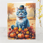 Oosterse Blauwe Kat In De Herfst Verlaat Thanksgiv Kaart (Gele Bloem)