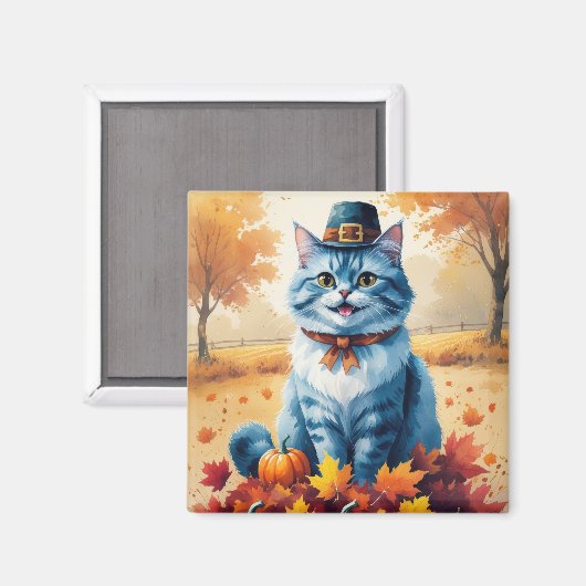 Oosterse Blauwe Kat In Herfstbladeren Dankdag Magneet (Voorkant / Achterkant)