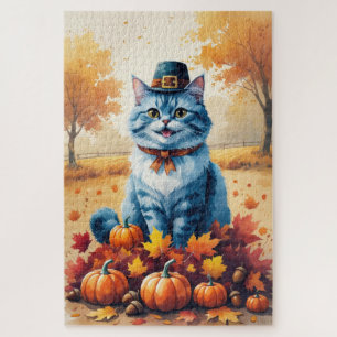 Oosterse Blauwe Kat In Herfstbladeren Dankzegging Legpuzzel