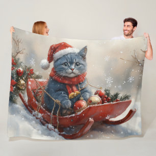 Oosterse Blauwe Kat in slee Laat het sneeuwen Kers Fleece Deken