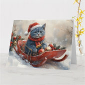 Oosterse blauwe kat in slee Laat het sneeuwen Kers Kaart (Gele Bloem)